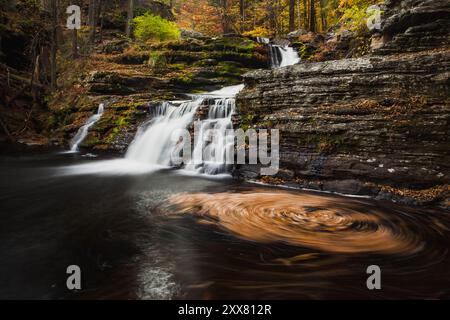 Chute d'eau Factory Falls en automne avec des feuilles tourbillonnant ci-dessous Banque D'Images