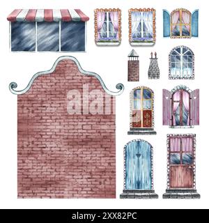 La maison est un kit de construction. Un ensemble pour créer une maison vintage. Façade, fenêtres, portes. Une illustration aquarelle faite à la main. Eléments de conception f Banque D'Images