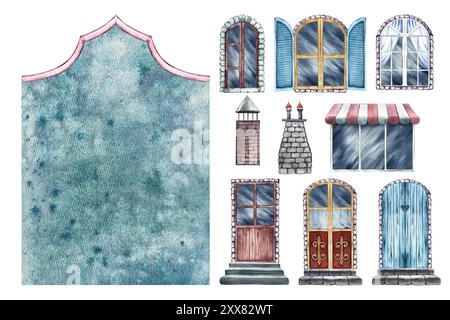 La maison est un kit de construction. Un ensemble pour créer une maison vintage. Façade, fenêtres, portes. Une illustration aquarelle faite à la main. Eléments de conception f Banque D'Images