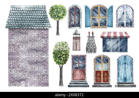 La maison est un kit de construction. Un ensemble pour créer une maison vintage. Façade, fenêtres, portes. Une illustration aquarelle faite à la main. Eléments de conception f Banque D'Images