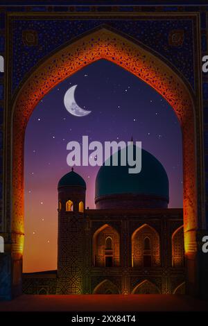 Ville islamique avec madrasah contre le ciel avec croissant de lune et étoiles. Vue à travers l'arche. Ramadan ou fond d'écran concept islamique. Banque D'Images