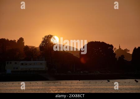 Coucher de soleil unique sur la plage de Ladeira, où le soleil se couche derrière un arbre solitaire, créant une silhouette saisissante dans le ciel du soir Banque D'Images