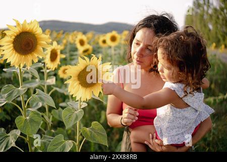 Gros plan portrait de petite fille mignonne et mère tenant la fleur de tournesol jaune pleine fleur dans sa main dans un champ dans la campagne au coucher du soleil avec la guerre Banque D'Images