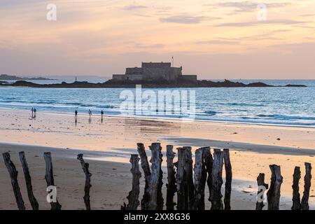 France, Ille-et-Vilaine, Saint-Malo, piquets de brise-lames sur sillon Grande plage et Fort National, bastion construit en 1689 selon les plans de Vauban Banque D'Images