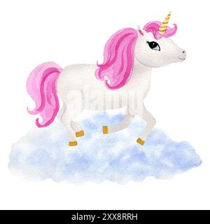 Illustration magique pour enfants - licorne en cours d'exécution avec des cheveux roses sur le nuage. Illustrations isolées d'aquarelle dessinées à la main sur un fond blanc. Pour p Banque D'Images