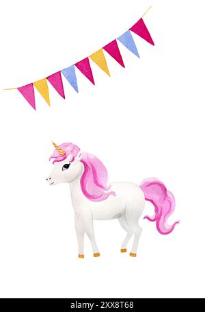 Invitation d'anniversaire pour enfants avec licorne avec des cheveux roses et des drapeaux colorés, illustration d'aquarelle dessinée à la main sur fond blanc. Pour les cartes, postez Banque D'Images