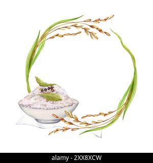 Composition de couronne avec plante de riz et bol de riz cuit. Copiez la conception ronde de l'espace avec des cultures, des grains et des feuilles vertes pour les logos ou les cartes. Dessiné à la main Banque D'Images