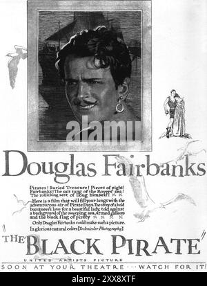 Affiche du film d'action et d'aventure muet The Black Pirate 1926. Le film a été tourné en Technicolor bicolore avec Douglas Fairbanks. Réalisé par Albert Parker Banque D'Images