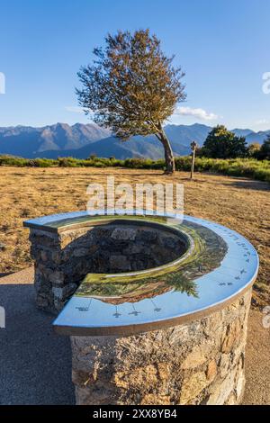 France, Ariège, Vaychis, panorama sur les Pyrénées et ses sommets (pic de Rulhe, Montcalm...) Depuis la table d’orientation du signal du Chioula (1507 m) Banque D'Images