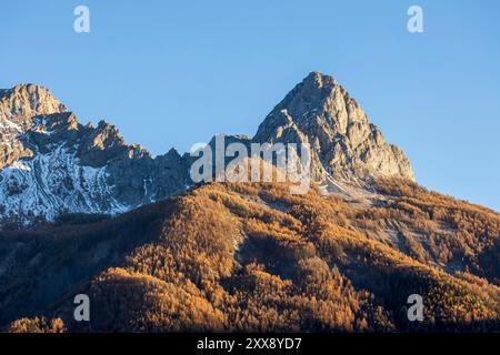 France, Alpes-de-haute-Provence, vallée de l'Ubaye, sommet pyramidal du pain de sucre (2560 m) et forêt de mélèzes en automne Banque D'Images