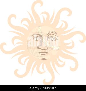 Soleil de style tribal avec visage antropomorphe illustration vectorielle dessinée à la main Illustration de Vecteur