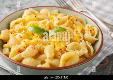 Les pâtes de maïs crémeuses présentent une sauce soyeuse à base de maïs ainsi que des éclats de grains juteux pour une texture en gros plan dans le bol sur la table. Horizontal Banque D'Images