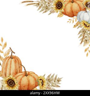 Cadre carré aquarelle avec citrouilles et tournesols. Illustration du modèle pour les cartes de voeux ou les invitations de festival de récolte. Fond rustique pour arrangement. Bordure d'automne dans des couleurs orange. Banque D'Images