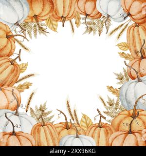 Cadre carré à l'aquarelle de citrouille. Illustration de légumes d'automne pour les cartes de vœux de récolte ou les invitations de mariage sur fond isolé. Modèle d'automne jour de Thanksgiving. Frontière rustique avec des courges Banque D'Images