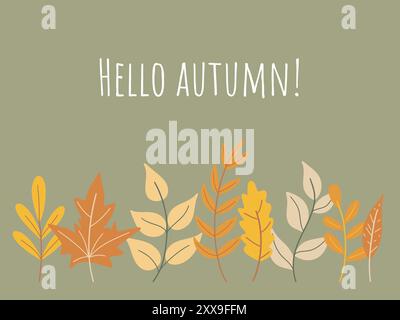 Modèle horizontal d'automne avec inscription bonjour automne. Conception saisonnière d'automne pour flyer, carte postale, brochure, publicité, vente et autre, vecteur Illustration de Vecteur