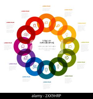 Infographie légère simple avec douze cercles avec des icônes dans un grand cycle sur fond blanc et des éléments de description supplémentaires. Polyvalent année complète Illustration de Vecteur