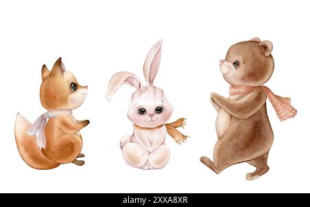 Watercolor illustration set of cute forest animals with winter scarves: bear, fox, hare. Drawing of bunny and teddy in pastel colors. Hand drawn Banque D'Images