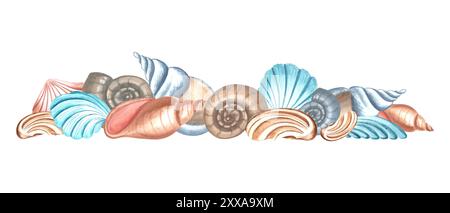 Coquilles de mer illustration d'aquarelle dessinée à la main isolé. Coquille Saint-Jacques océanique sous-marine, animaux de récif mollusque. Composition tropicale marine. Exotique nautique Banque D'Images