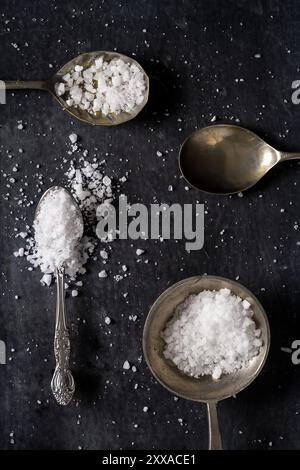 Vue de dessus d'une cuillère avec du sel de mer à grains grossiers sur fond noir. Pose à plat. Vue de dessus. Concept alimentaire. Banque D'Images