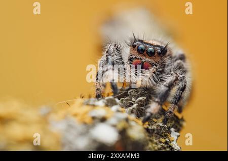 Plan macro détaillé d'une araignée sautante (Salticidae) sur fond jaune flou. Les traits de l'araignée sont clairement visibles dans ce clos Banque D'Images