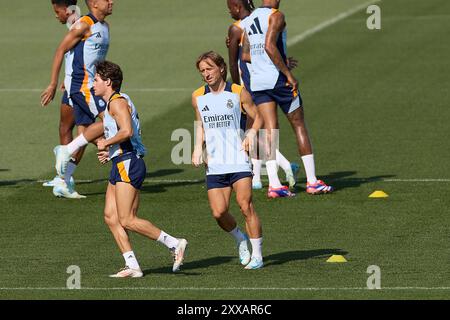 Madrid, Espagne. 23 août 2024. Les joueurs du Real Madrid s'échauffent pendant la séance d'entraînement à la veille du match de football de la Liga EA Sports week 2 2024/2025 entre le Real Madrid CF et le Real Valladolid sur le terrain d'entraînement du Real Madrid CF. Crédit : SOPA images Limited/Alamy Live News Banque D'Images