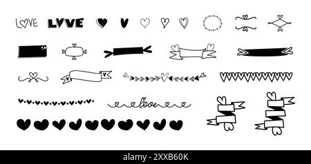 Ensemble d'étiquettes d'amour et de dessins Doodles - Scroller and Ribbon Design Illustration de Vecteur