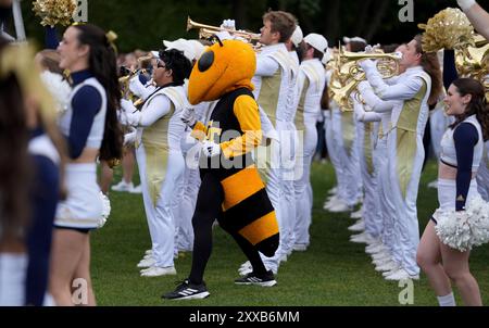 La mascotte de Georgia Tech Buzz se produisant avec le groupe de marche Georgia Tech Yellow Jacket au Georgia Tech Helluva Block Party Pep Rally à Merrion Square, Dublin, dans le cadre de la préparation du samedi Aer Lingus College Football Classic, le match de football de l'US College à Dublin. Date de la photo : vendredi 23 août 2024. Banque D'Images