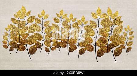 fond d'écran classique 3d. artwork branches dorées feuilles d'arbre sur dessin mural sur fond beige brun. décoration de la chambre et moquette Banque D'Images