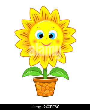 Joli tournesol de dessin animé sur un fond blanc. Illustration de Vecteur