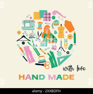 icônes d'outils de couture tailleur fille atelier fait à la main Illustration de Vecteur