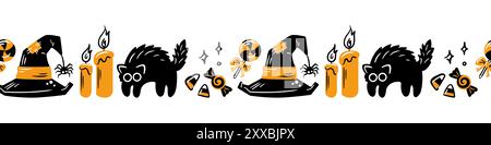 Charmante et festive illustration d'Halloween mettant en vedette un chat noir mignon, des bougies brillantes et un décor saisonnier délicieux Illustration de Vecteur