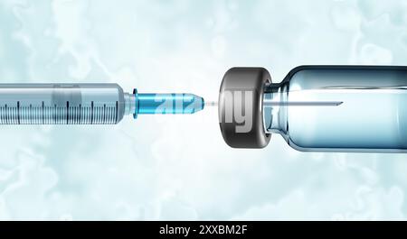 Vaccin et seringue comme symbole d'équipement médical pour la vaccination et utilisation de seringues comme aiguille d'hôpital dans une bouteille de médicament. Banque D'Images