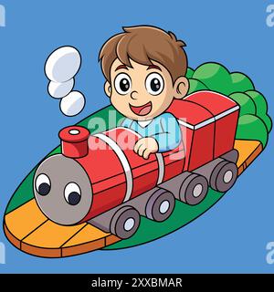 Boy Riding a train - illustration amusante et fantaisiste pour enfants Illustration de Vecteur