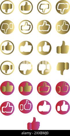 Ensemble de symboles de pouce haut et bas dans des couleurs dorées et roses comme illustration vectorielle d'icône Illustration de Vecteur