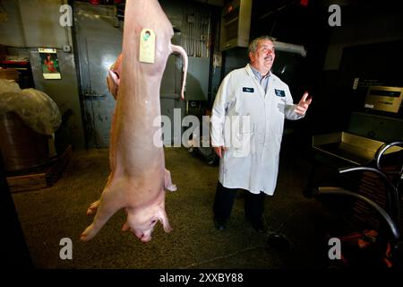 Weichsel Beef est en affaires depuis plus de 70 ans. Sam a commencé sa carrière en tant que boucher et travaille dans le secteur de l’emballage de la viande depuis 1957. Il ressent la baisse de la demande de viande de porc et soupçonne la grippe porcine de donner à sa viande un mauvais représentant. Banque D'Images