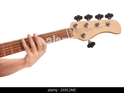 doigts sur le chemin de guitare basse isolé sur blanc Banque D'Images