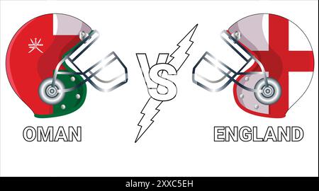 Match versus entre Oman et l'Angleterre avec des drapeaux 3D sur des casques de cricket Illustration de Vecteur