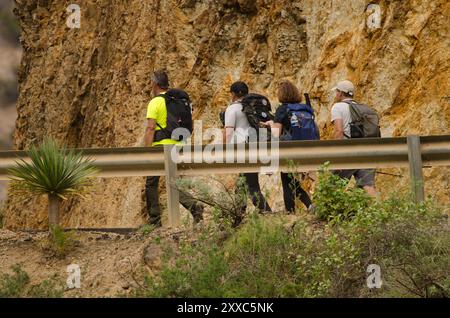 Barrage de la Encantadora, 9 décembre 2023 : randonneurs marchant le long d'une route. Vallehermoso. La Gomera. Îles Canaries. Espagne. Banque D'Images