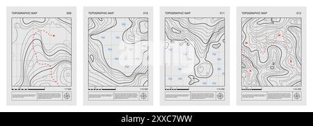 Dessin topographique architectural, ensemble d'affiches de contour en relief. La ligne abstraite représente l'élévation du terrain avec un design minimaliste de style artistique Illustration de Vecteur