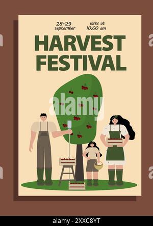 Affiche pour le festival des récoltes mettant en vedette une mère, un père et un fils de la famille cueillant des cerises dans un arbre. Idéal pour les affiches événementielles, orienté famille Illustration de Vecteur