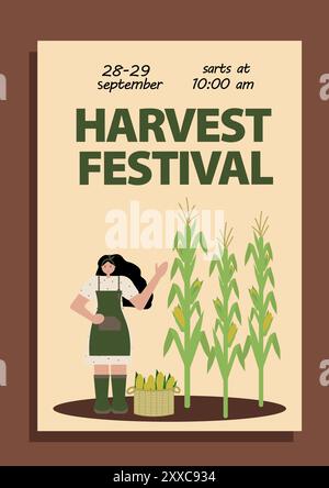 Affiche pour le festival des récoltes mettant en vedette une jeune femme récoltant du maïs dans un champ. Parfait pour les affiches d'événements, les promotions agricoles, de la ferme à la table Illustration de Vecteur
