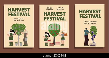 Ensemble d'affiches du festival des récoltes représentant une jeune femme et un jeune homme cueillant des fruits dans les arbres. Vecteur en plat. Pour la promotion des événements de récolte, saisonniers Illustration de Vecteur