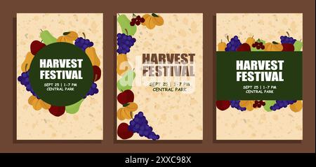 Ensemble d'affiches du festival des récoltes mettant en vedette divers fruits dans des couleurs vives. Vecteur en plat. Parfait pour la promotion du festival, les invitations à des événements, et Illustration de Vecteur