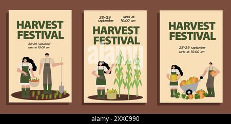 Ensemble d'affiches du festival des récoltes représentant un homme et une femme récoltant des légumes dans le jardin. Vecteur en plat, parfait pour promouvoir des événements agricoles Illustration de Vecteur