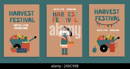 Ensemble d'affiches du festival des récoltes présentant des légumes dans une brouette, des paniers et des caisses en bois. Vecteur en plat. Pour promouvoir les festivals d'automne, les agriculteurs Illustration de Vecteur