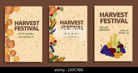 Ensemble d'affiches pour le festival des récoltes mettant en vedette des légumes et des fruits. Vecteur en plat. Pour promouvoir les événements saisonniers, les marchés agricoles et les festivals d'automne. CAN Illustration de Vecteur