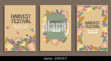 Ensemble d'affiches du festival des récoltes avec des légumes illustrés dans des tons discrets et discrets. Vecteur dans le style. À utiliser dans les affiches d'événement et saisonnières Illustration de Vecteur