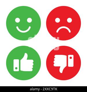 Joyeux, triste smiley et aime, déteste symbole d'icône dans le cercle rouge et vert. Sourire, triste, pouce vers le haut, pouce vers le bas accepter, rejeter le jeu de symboles. Icône smiley définie. Illustration de Vecteur