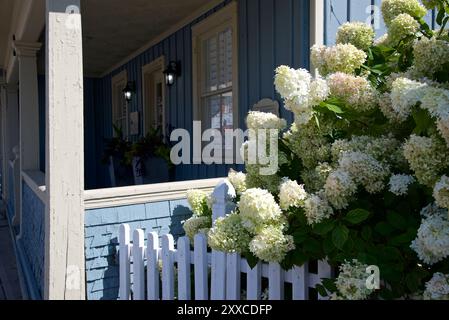 Le jardin de la cour avant avec clôture de piquet blanc et porche Banque D'Images