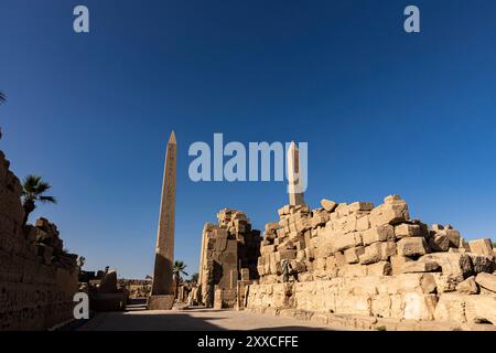 Temple de Karnak, temple d'Amon, soirée, obélisques de thoutmôsis I (à gauche) et hatshepsout (à droite), Louxor, Egypte, Afrique du Nord, Afrique Banque D'Images